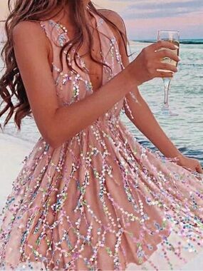 Angel Biba Blush Sequin Dress Plunge V-Neck Twirly Circle Bridal Prom Hoco Sz S